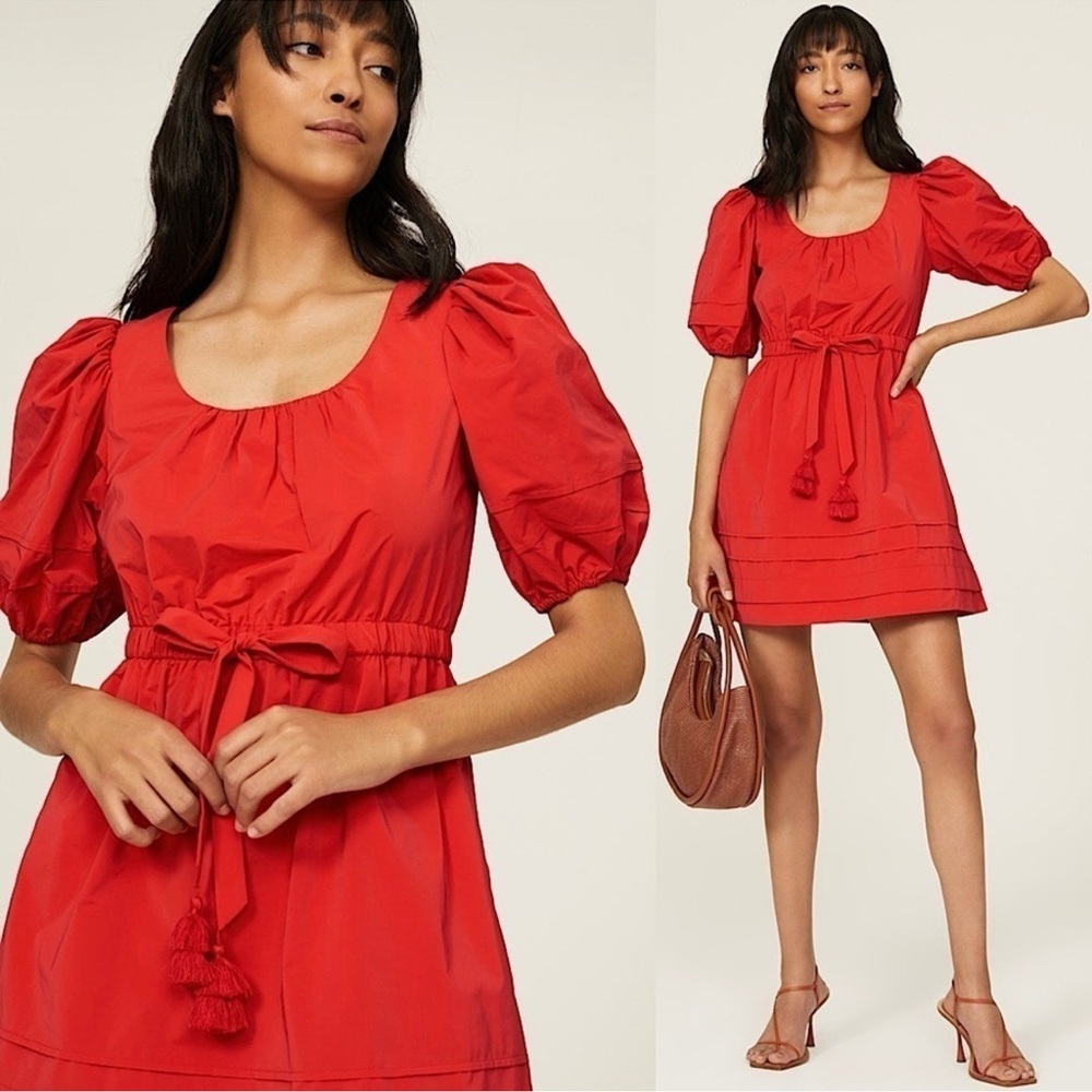 TOCCIN Poppy Short Puff Sleeve Tassel Tie Waist Tiered Pockets Mini Dress 4‎